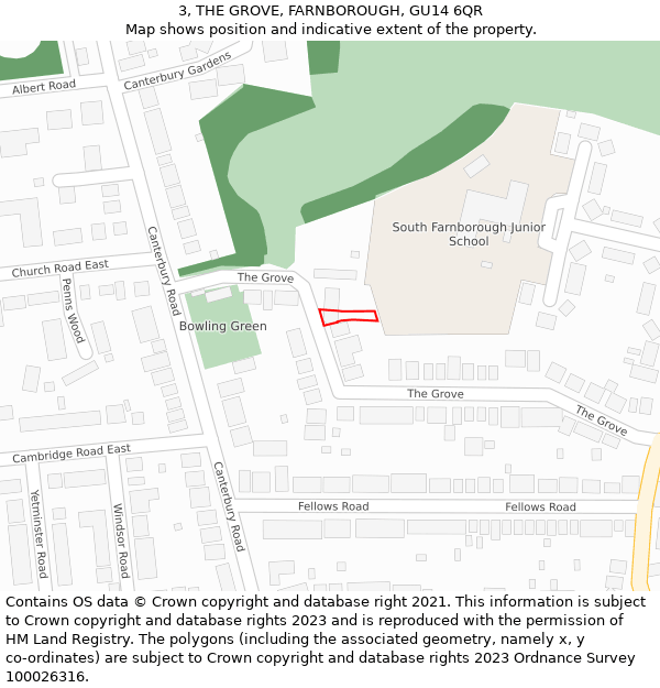 3, THE GROVE, FARNBOROUGH, GU14 6QR: Location map and indicative extent of plot