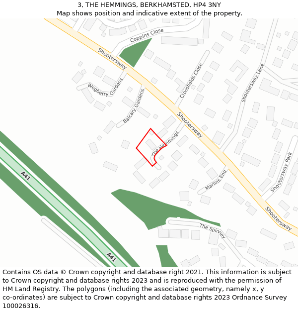3, THE HEMMINGS, BERKHAMSTED, HP4 3NY: Location map and indicative extent of plot