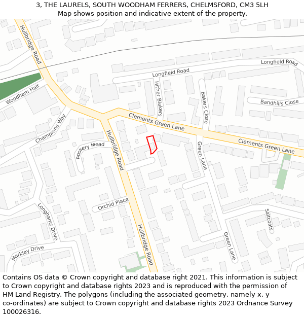 3, THE LAURELS, SOUTH WOODHAM FERRERS, CHELMSFORD, CM3 5LH: Location map and indicative extent of plot