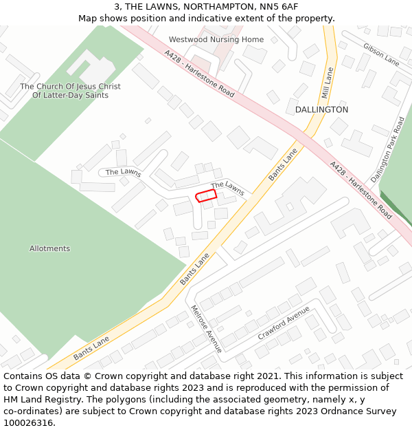 3, THE LAWNS, NORTHAMPTON, NN5 6AF: Location map and indicative extent of plot
