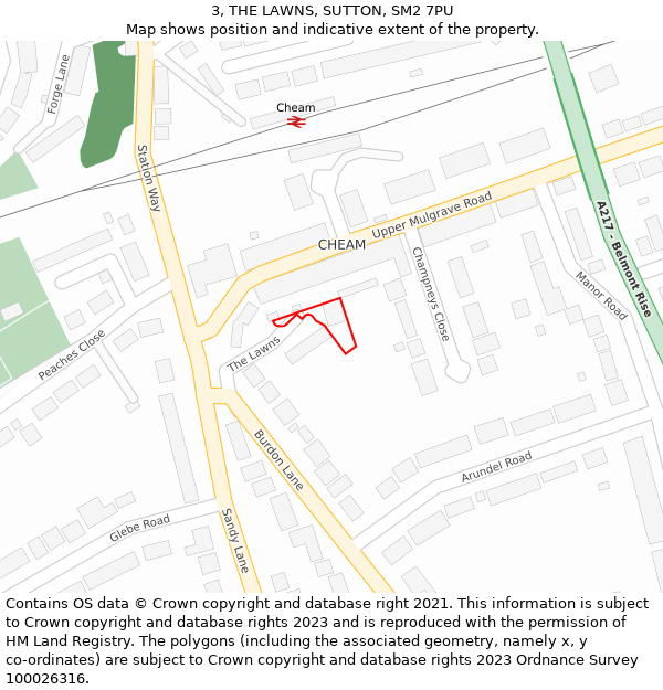 3, THE LAWNS, SUTTON, SM2 7PU: Location map and indicative extent of plot