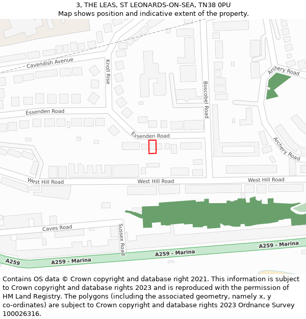 3, THE LEAS, ST LEONARDS-ON-SEA, TN38 0PU: Location map and indicative extent of plot