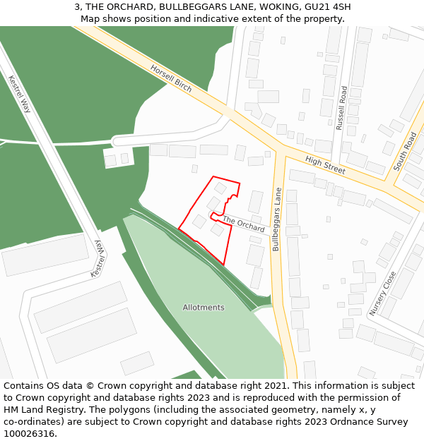 3, THE ORCHARD, BULLBEGGARS LANE, WOKING, GU21 4SH: Location map and indicative extent of plot