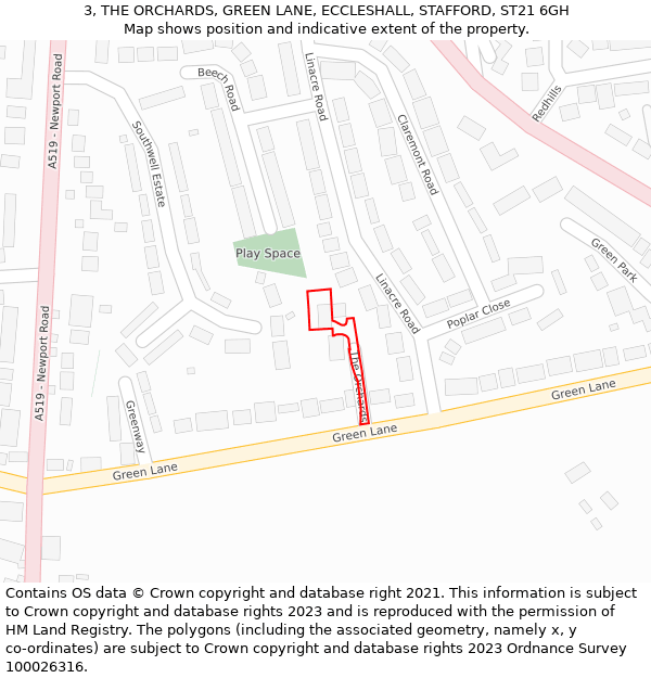 3, THE ORCHARDS, GREEN LANE, ECCLESHALL, STAFFORD, ST21 6GH: Location map and indicative extent of plot