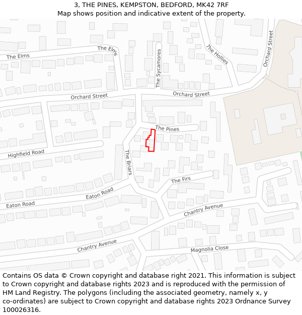 3, THE PINES, KEMPSTON, BEDFORD, MK42 7RF: Location map and indicative extent of plot