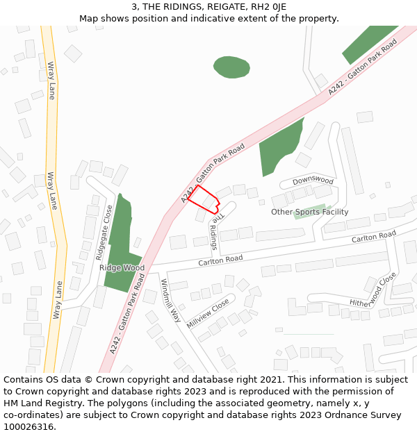3, THE RIDINGS, REIGATE, RH2 0JE: Location map and indicative extent of plot