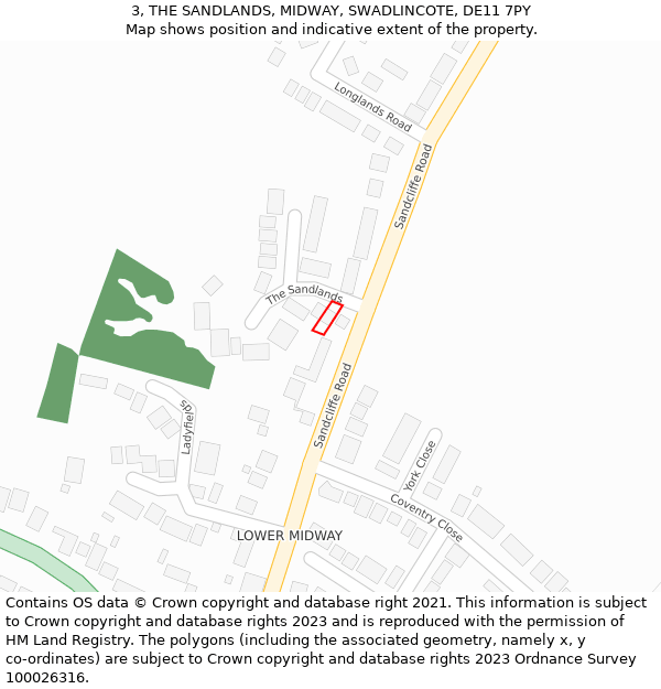 3, THE SANDLANDS, MIDWAY, SWADLINCOTE, DE11 7PY: Location map and indicative extent of plot