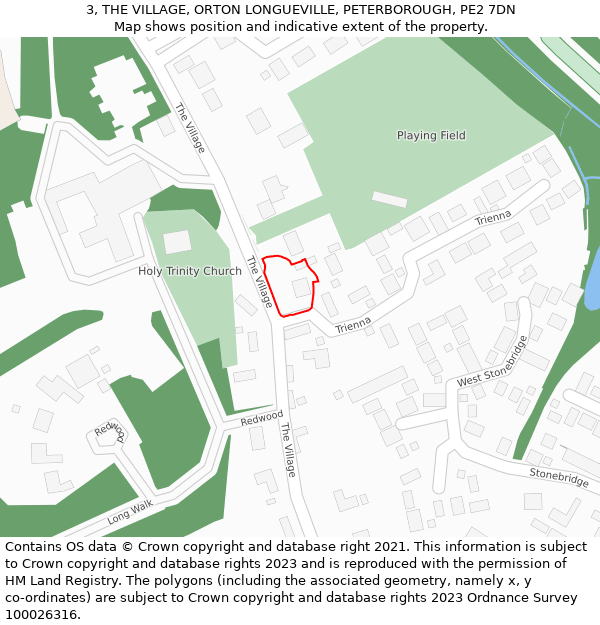 3, THE VILLAGE, ORTON LONGUEVILLE, PETERBOROUGH, PE2 7DN: Location map and indicative extent of plot