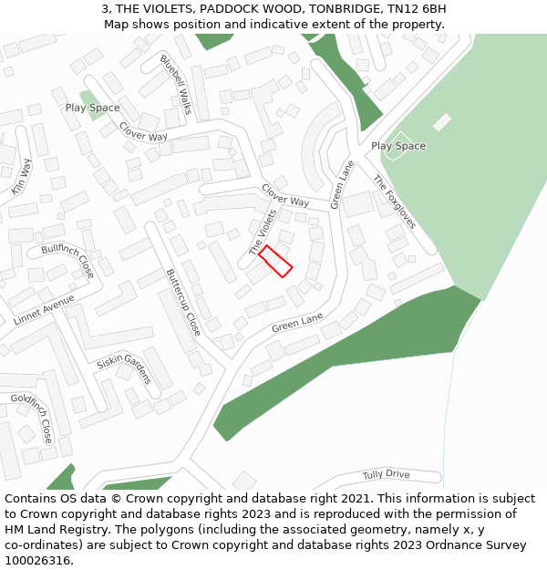 3, THE VIOLETS, PADDOCK WOOD, TONBRIDGE, TN12 6BH: Location map and indicative extent of plot