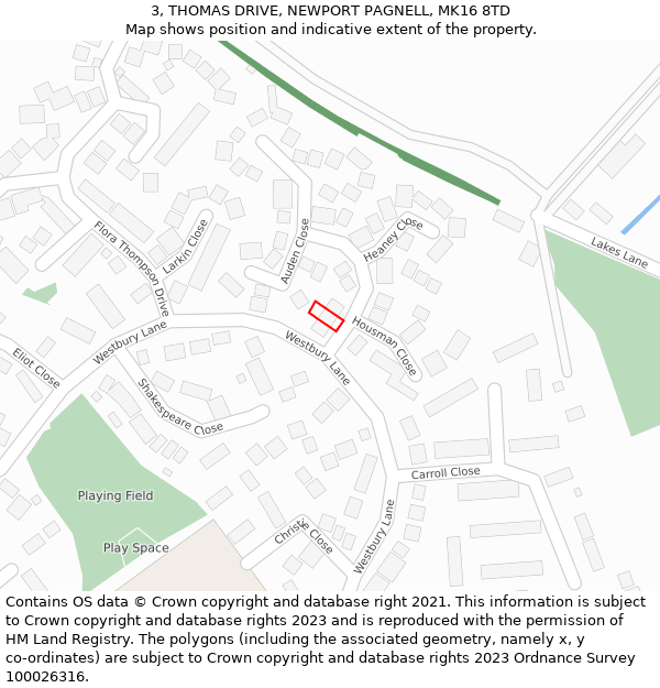 3, THOMAS DRIVE, NEWPORT PAGNELL, MK16 8TD: Location map and indicative extent of plot