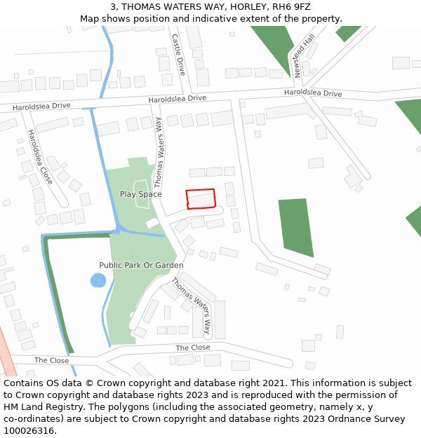 3, THOMAS WATERS WAY, HORLEY, RH6 9FZ: Location map and indicative extent of plot