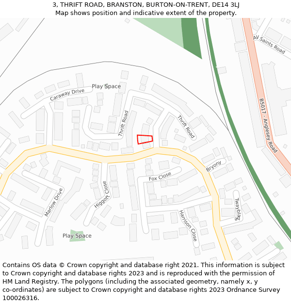 3, THRIFT ROAD, BRANSTON, BURTON-ON-TRENT, DE14 3LJ: Location map and indicative extent of plot
