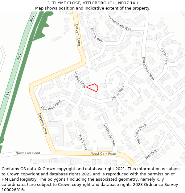 3, THYME CLOSE, ATTLEBOROUGH, NR17 1XU: Location map and indicative extent of plot