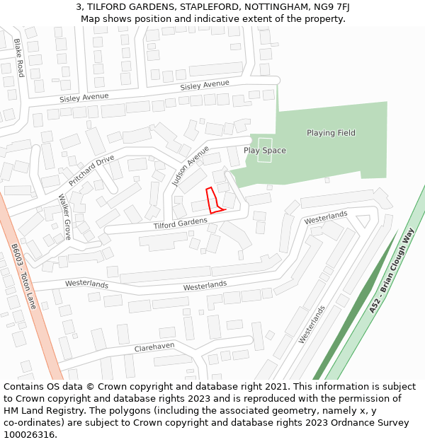 3, TILFORD GARDENS, STAPLEFORD, NOTTINGHAM, NG9 7FJ: Location map and indicative extent of plot