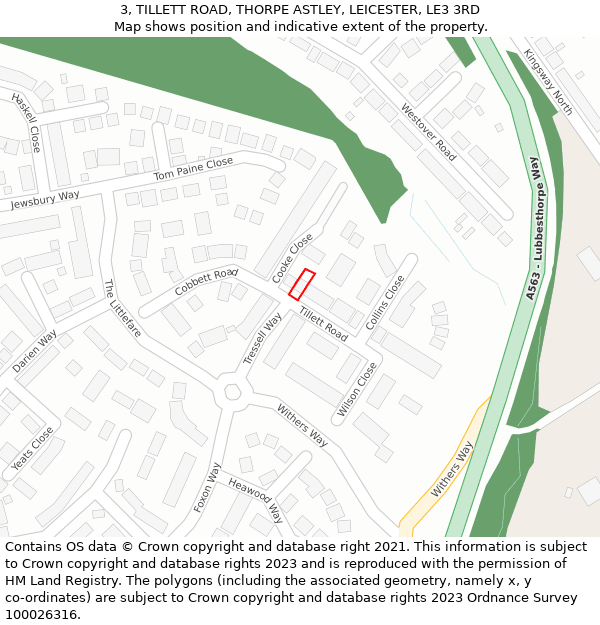 3, TILLETT ROAD, THORPE ASTLEY, LEICESTER, LE3 3RD: Location map and indicative extent of plot