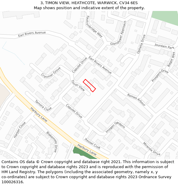 3, TIMON VIEW, HEATHCOTE, WARWICK, CV34 6ES: Location map and indicative extent of plot