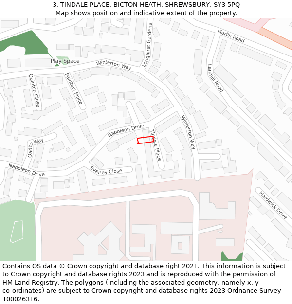 3, TINDALE PLACE, BICTON HEATH, SHREWSBURY, SY3 5PQ: Location map and indicative extent of plot