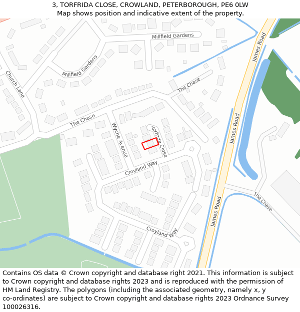 3, TORFRIDA CLOSE, CROWLAND, PETERBOROUGH, PE6 0LW: Location map and indicative extent of plot
