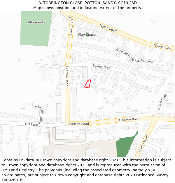 3, TORRINGTON CLOSE, POTTON, SANDY, SG19 2SD: Location map and indicative extent of plot