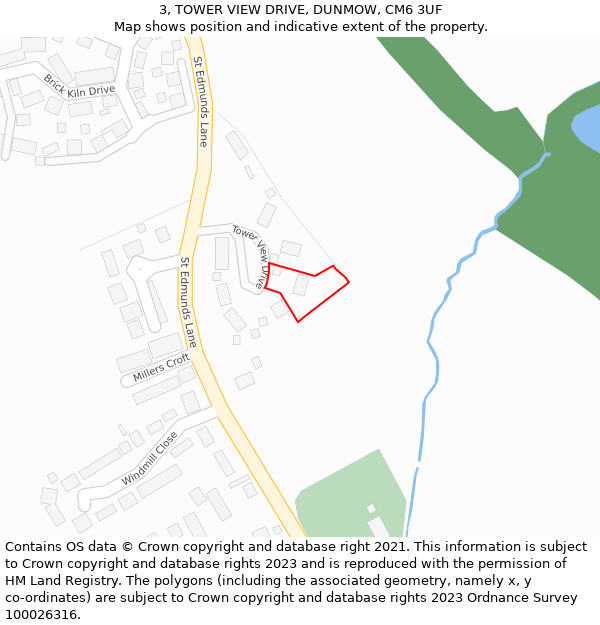 3, TOWER VIEW DRIVE, DUNMOW, CM6 3UF: Location map and indicative extent of plot