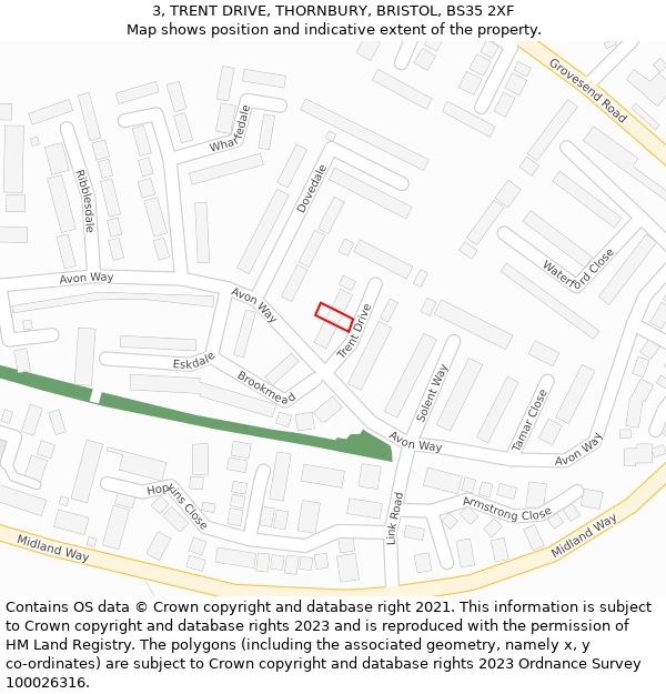 3, TRENT DRIVE, THORNBURY, BRISTOL, BS35 2XF: Location map and indicative extent of plot