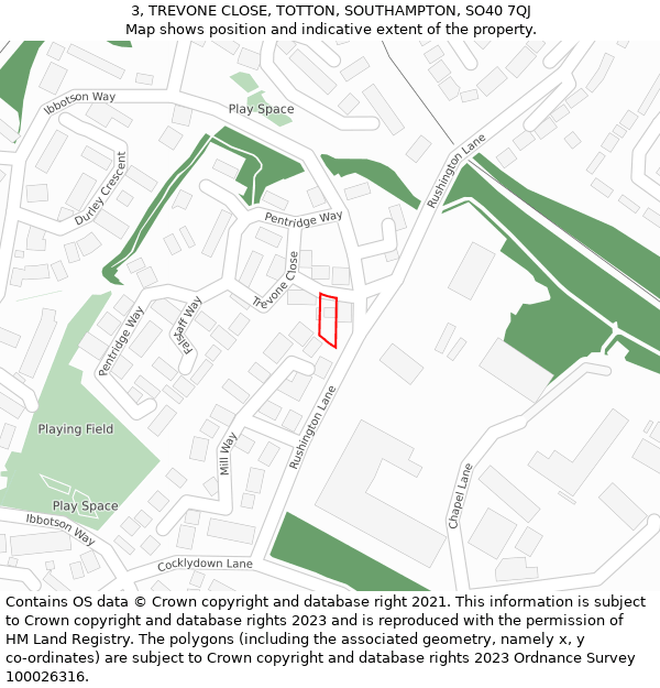 3, TREVONE CLOSE, TOTTON, SOUTHAMPTON, SO40 7QJ: Location map and indicative extent of plot