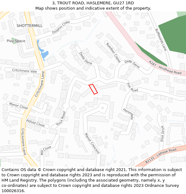 3, TROUT ROAD, HASLEMERE, GU27 1RD: Location map and indicative extent of plot