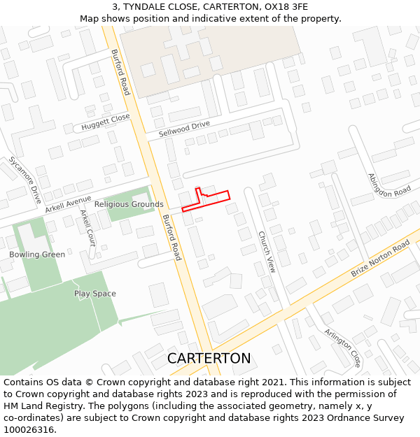 3, TYNDALE CLOSE, CARTERTON, OX18 3FE: Location map and indicative extent of plot