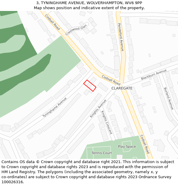 3, TYNINGHAME AVENUE, WOLVERHAMPTON, WV6 9PP: Location map and indicative extent of plot