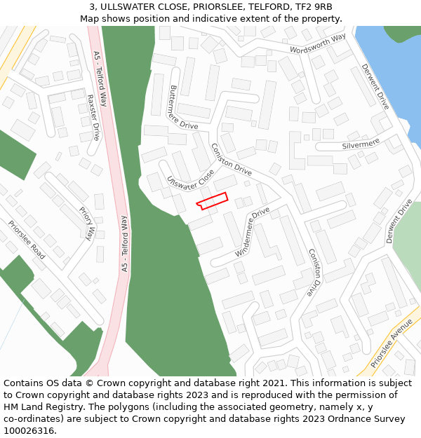 3, ULLSWATER CLOSE, PRIORSLEE, TELFORD, TF2 9RB: Location map and indicative extent of plot