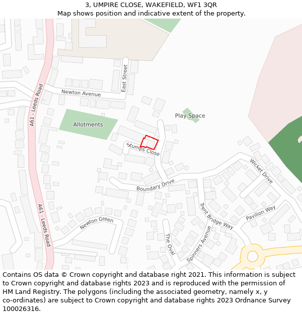 3, UMPIRE CLOSE, WAKEFIELD, WF1 3QR: Location map and indicative extent of plot