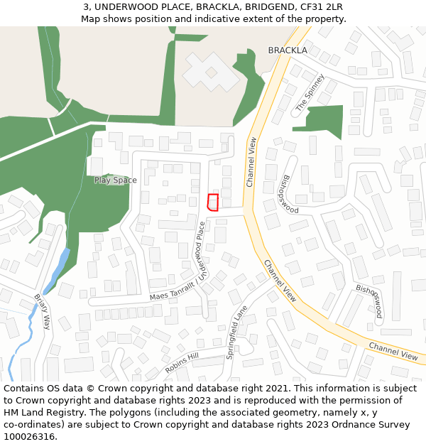 3, UNDERWOOD PLACE, BRACKLA, BRIDGEND, CF31 2LR: Location map and indicative extent of plot