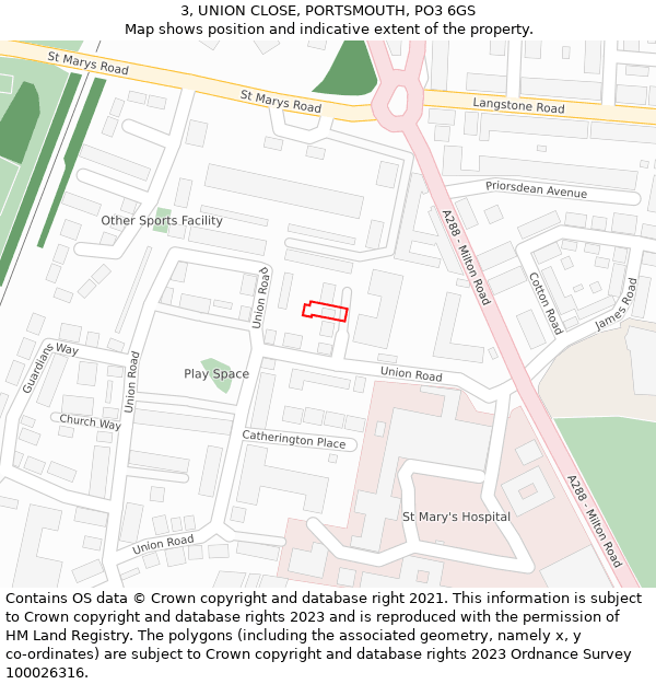 3, UNION CLOSE, PORTSMOUTH, PO3 6GS: Location map and indicative extent of plot