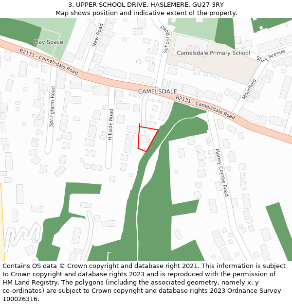 3, UPPER SCHOOL DRIVE, HASLEMERE, GU27 3RY: Location map and indicative extent of plot