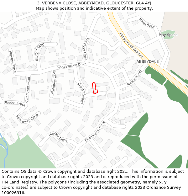 3, VERBENA CLOSE, ABBEYMEAD, GLOUCESTER, GL4 4YJ: Location map and indicative extent of plot