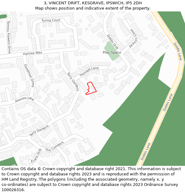 3, VINCENT DRIFT, KESGRAVE, IPSWICH, IP5 2DH: Location map and indicative extent of plot