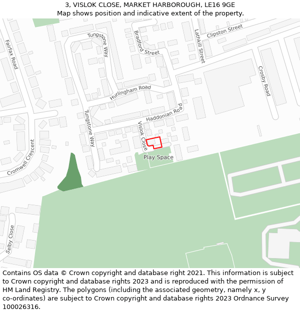 3, VISLOK CLOSE, MARKET HARBOROUGH, LE16 9GE: Location map and indicative extent of plot