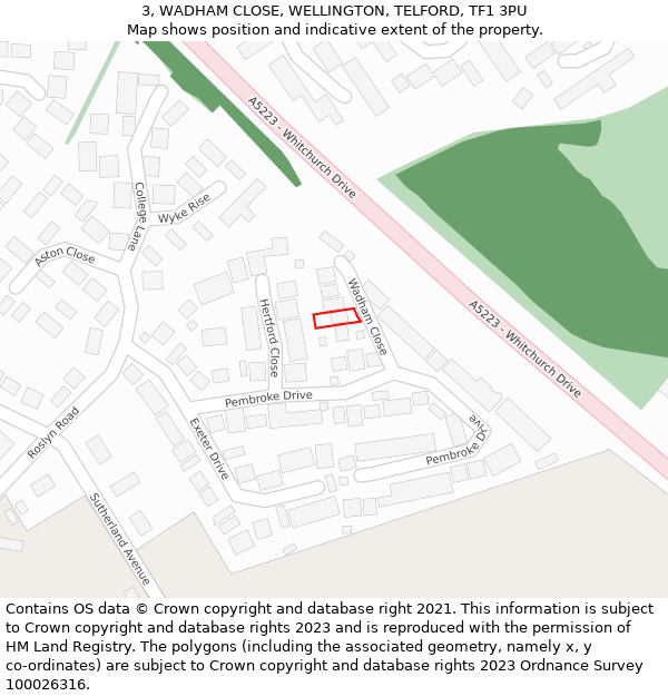 3, WADHAM CLOSE, WELLINGTON, TELFORD, TF1 3PU: Location map and indicative extent of plot