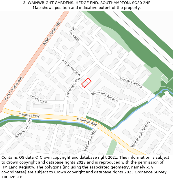 3, WAINWRIGHT GARDENS, HEDGE END, SOUTHAMPTON, SO30 2NF: Location map and indicative extent of plot