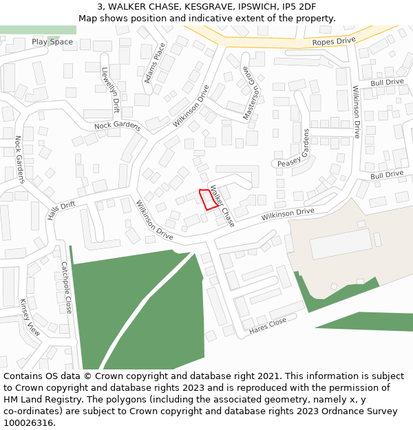 3, WALKER CHASE, KESGRAVE, IPSWICH, IP5 2DF: Location map and indicative extent of plot