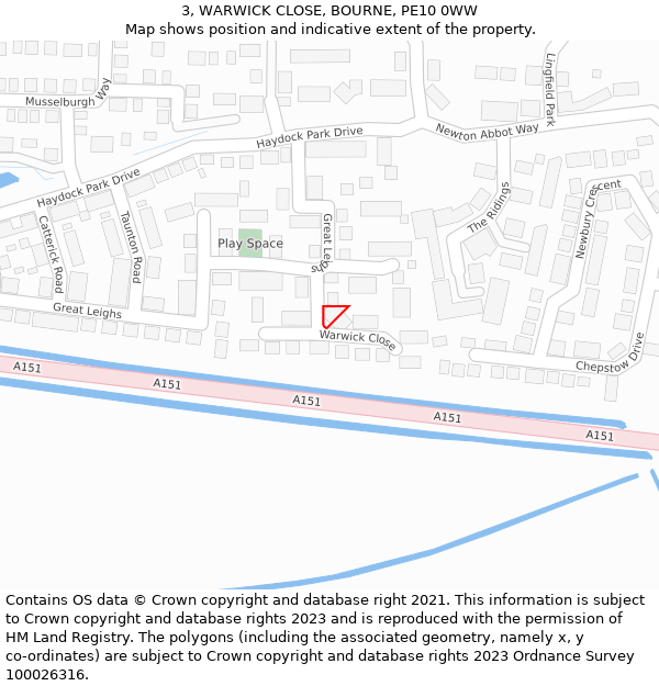3, WARWICK CLOSE, BOURNE, PE10 0WW: Location map and indicative extent of plot