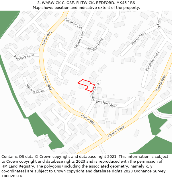 3, WARWICK CLOSE, FLITWICK, BEDFORD, MK45 1RS: Location map and indicative extent of plot