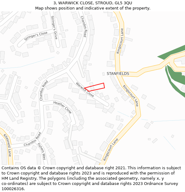 3, WARWICK CLOSE, STROUD, GL5 3QU: Location map and indicative extent of plot