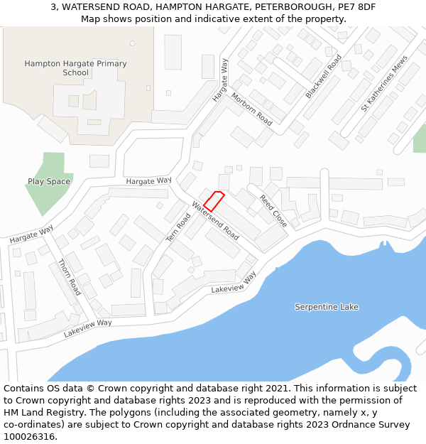 3, WATERSEND ROAD, HAMPTON HARGATE, PETERBOROUGH, PE7 8DF: Location map and indicative extent of plot