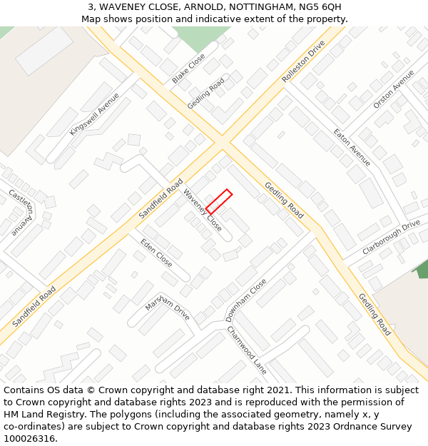 3, WAVENEY CLOSE, ARNOLD, NOTTINGHAM, NG5 6QH: Location map and indicative extent of plot