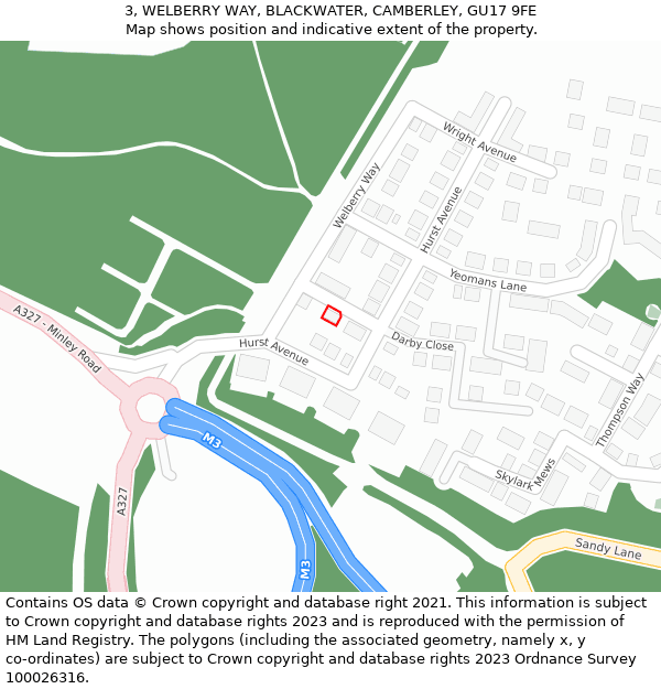 3, WELBERRY WAY, BLACKWATER, CAMBERLEY, GU17 9FE: Location map and indicative extent of plot