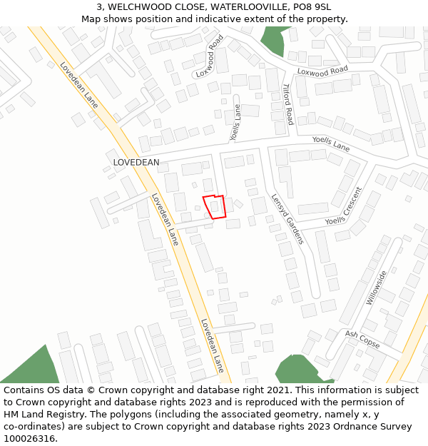 3, WELCHWOOD CLOSE, WATERLOOVILLE, PO8 9SL: Location map and indicative extent of plot