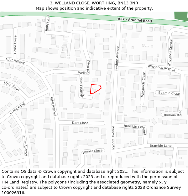 3, WELLAND CLOSE, WORTHING, BN13 3NR: Location map and indicative extent of plot