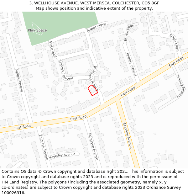 3, WELLHOUSE AVENUE, WEST MERSEA, COLCHESTER, CO5 8GF: Location map and indicative extent of plot