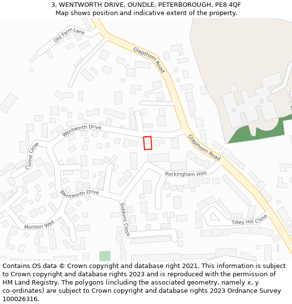 3, WENTWORTH DRIVE, OUNDLE, PETERBOROUGH, PE8 4QF: Location map and indicative extent of plot